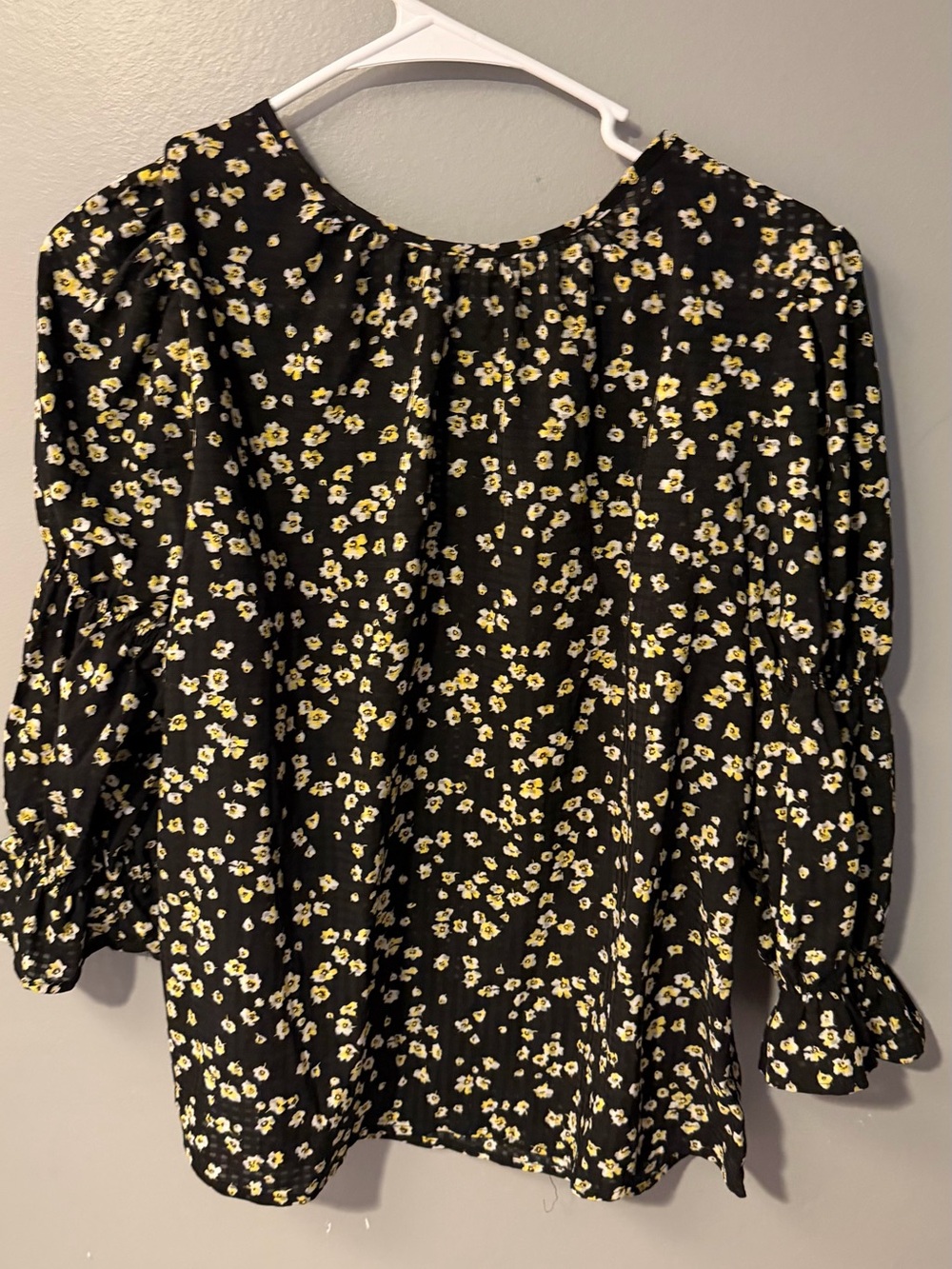 Black Floral Puff Sleeve Blouse with Yellow Daisy Print - Women’s Top